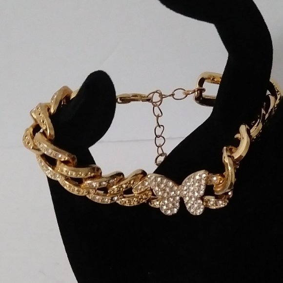 Butterfly Rose Gold Tone Rhinestone Bracelet - Picture 9 of 12